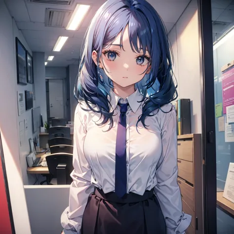 office, (((deep blue hair)))