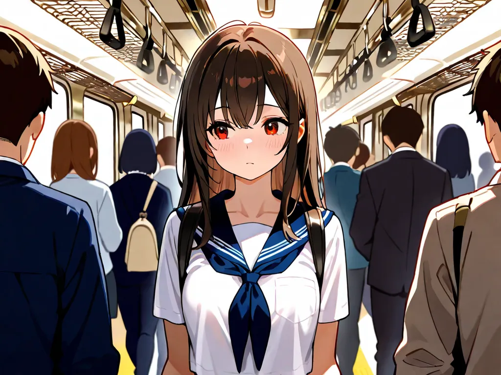 a naked girl, crowded train,I'm holding a strap,sailor shirt,Puzzled,Attention,front view