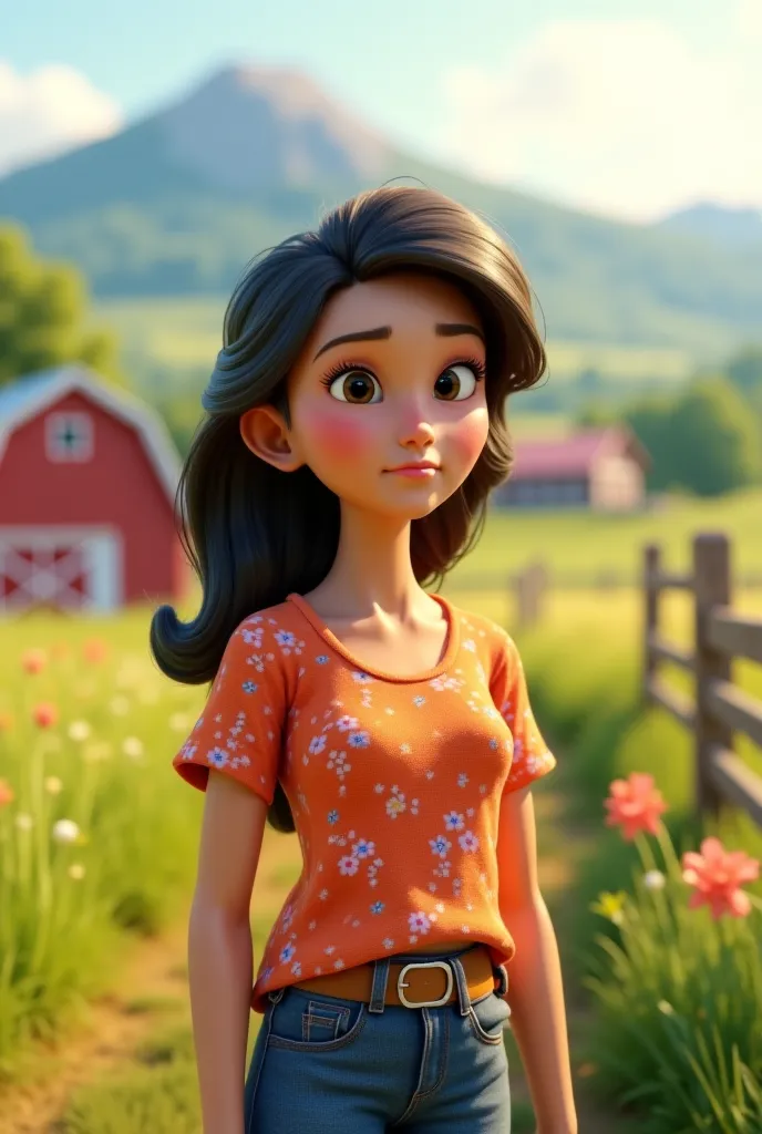 3D post inspired by Disney/Pixar of a woman with a SENAR jersey on top and the expression on his face is doubtful on a farm 