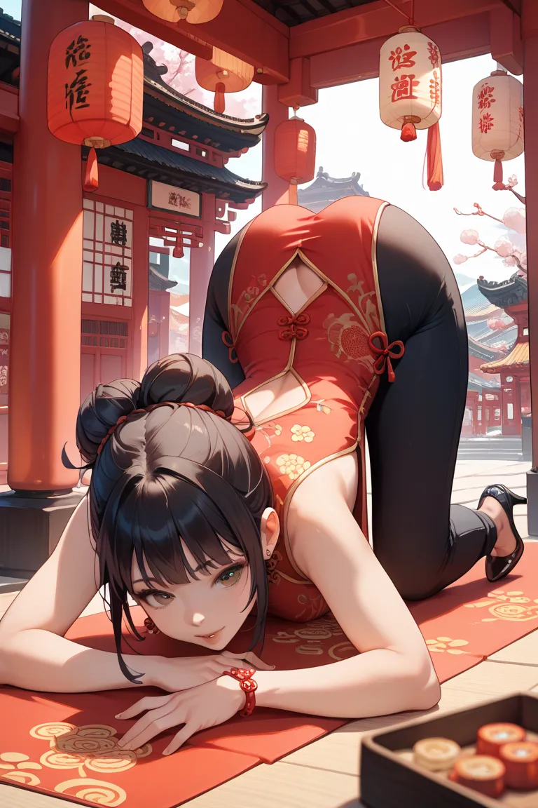 Black hair bun, red china dress,black high heels,black big pants, honeycomb,athlete body shape,on all fours,Face down,Buttocks up ,crotch is open,Chinatown,