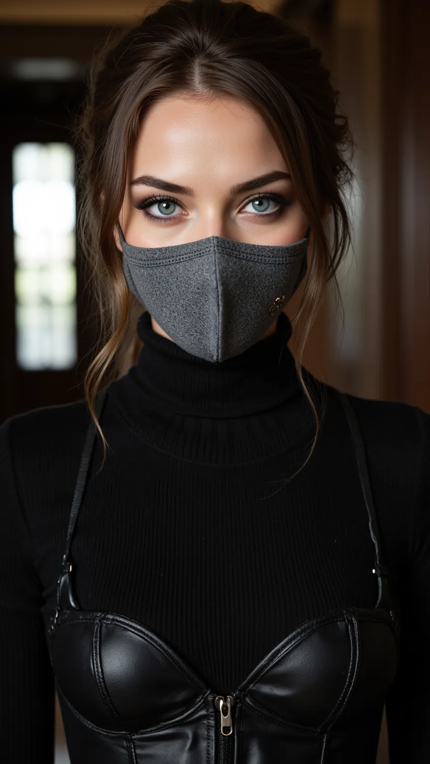 close up, sharp focus, 18 years old, perfect face, beautiful woman, slim, athletic, blue eyes, braid twintail, (she is wearing grey wool medical mask covering nose and lower half of face:1.5). eyes are accentuated with dark eye makeup, giving them an inten...