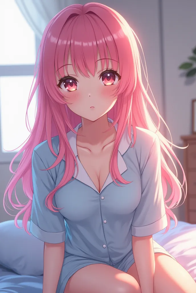 Anime Picture, Pink Hair, Long, Cute, Adult, Chest, Big Eyes, Light Blue Clothes, Pajamas