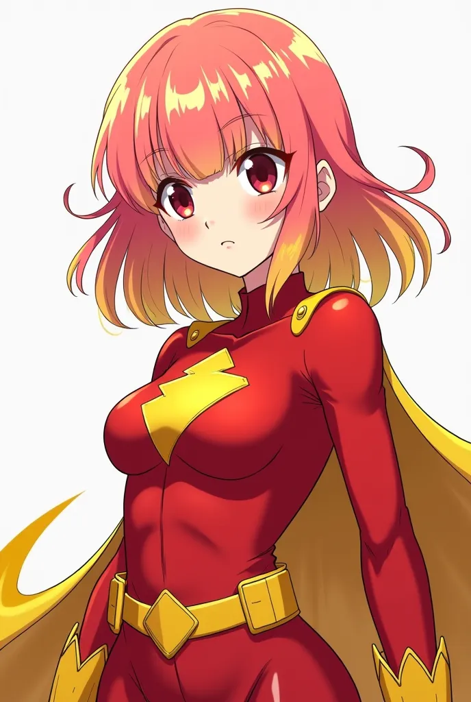 15-year-old girl, white skin, medium-long straight hair of pink color and yellow tips, his bangs are yellow, his eyes are red and of average height. He wears a red hero costume with yellow. anime style.