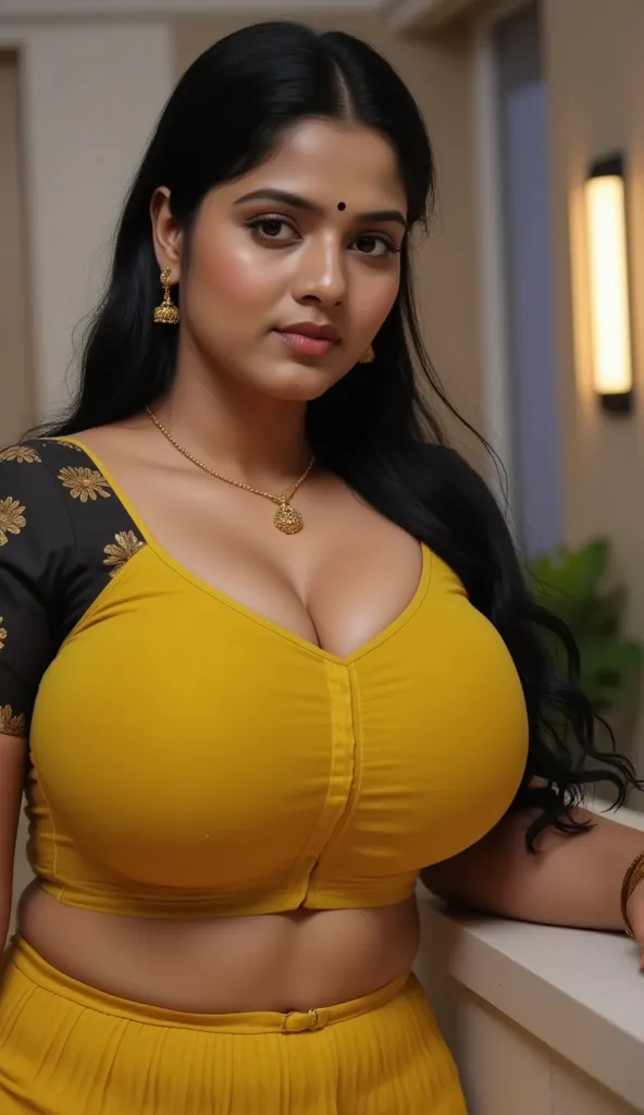 Tall hot indian white skin tall sexy thick curvy milf with small black dot bindhi, long side parted tied fluffy black hair, big breast, big hip, big ass, thick thighs, woman wearing georgette saree and black blouse(big breast), in Indian high tech office c...