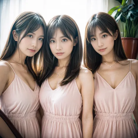 Ultra close-up of Identical Twin sisters in matching pastel dresses, studio shot with soft lighting, 8x10 positive film, vibrant and cheerful atmosphere.