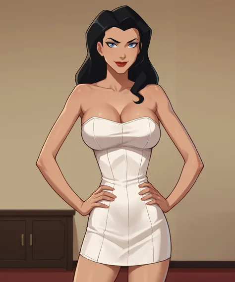 safe_pos, PonyXLV6_Scores BREAK ((parody style, parody), perfect anatomy, perfect eyes, cowboy shot), BREAK zatanna, black hair, blue eyes, dark red lipstick, black makeup, ((looking at viewer)), curvy, athletic, large breasts, standing, indoors, smile, cl...