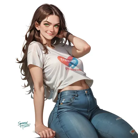 1girl, Sexy, seductive, promiscuous, green eyes, freckles, closed mouth,  smirk, Brown hair, long hair, t-shirt,  jeans, , hips, round ass, because of, white background, ( cartoon style)