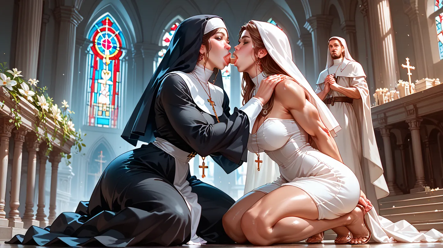 1. jesus, jesus with big muscles, jesus, ,jesus and right jesus. 2. Woman, nun, kneeling, blowjob