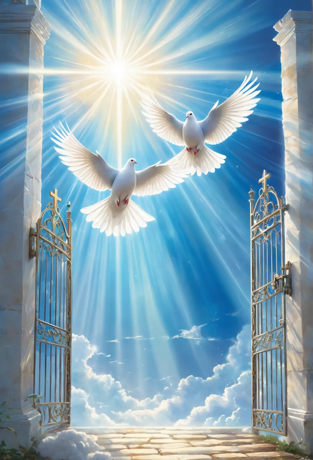 ((Highest quality)), ((masterpiece)), (detailed), From far away flying towards me a white dove bright as a light blue sunbeam, divine revelation, with a shining cross behind the dove ,blue shining background and the gate of heaven ,Divine image ,Divine sty...