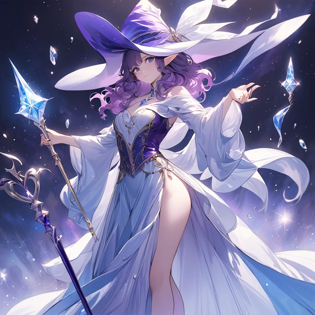 beautiful angelic woman, Madura, Young, full profile from head to toe, long wavy dark purple, blue eyes, pretty face, She herself, hair with ice power with pirate style clothes and witch hat, holding a scepter the same size as the character made of silver,...