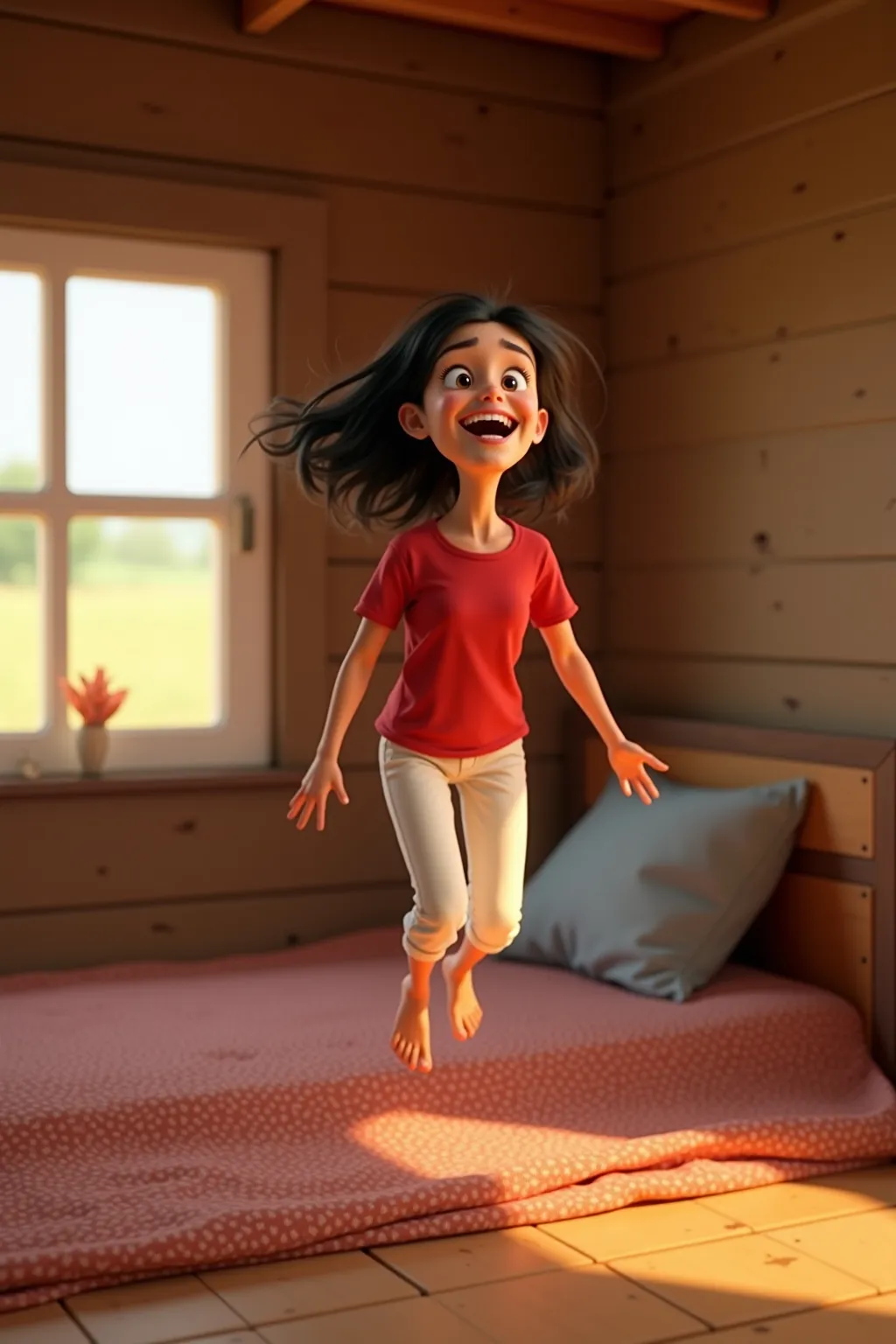 Alice, 12 ans, fille, frange, cheveux noirs, expression enjouée, t-shirt rouge, pantalon blanc, saute du lit avec enthousiasme, chambre rustique en bois avec une fenêtre donnant sur un champ ensoleillé, style d’animation 3D Pixar