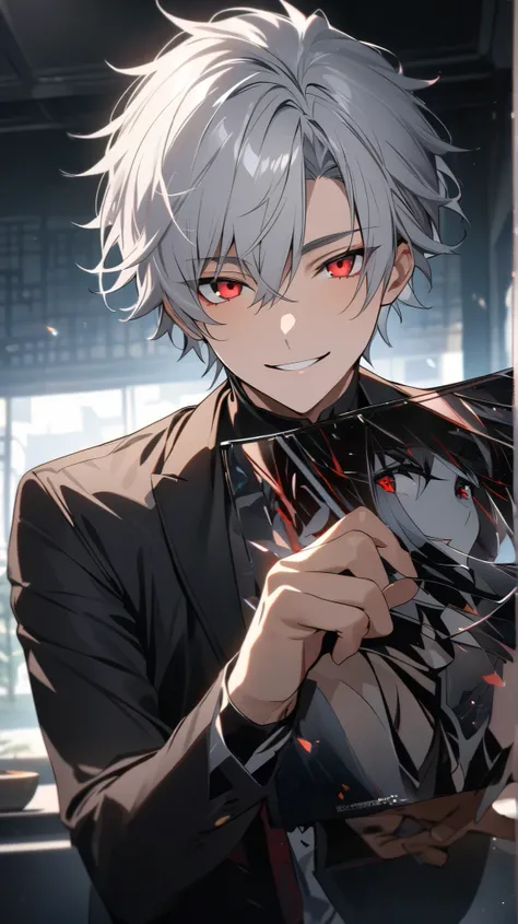  Silver Hair,Short Hair、silver hair、red eyes、provocative gaze holding something、is looking at the camera、1 male、handsome man、 beautiful eyes、High Precision、high image quality、High Precisionな瞳、A relaxed smile