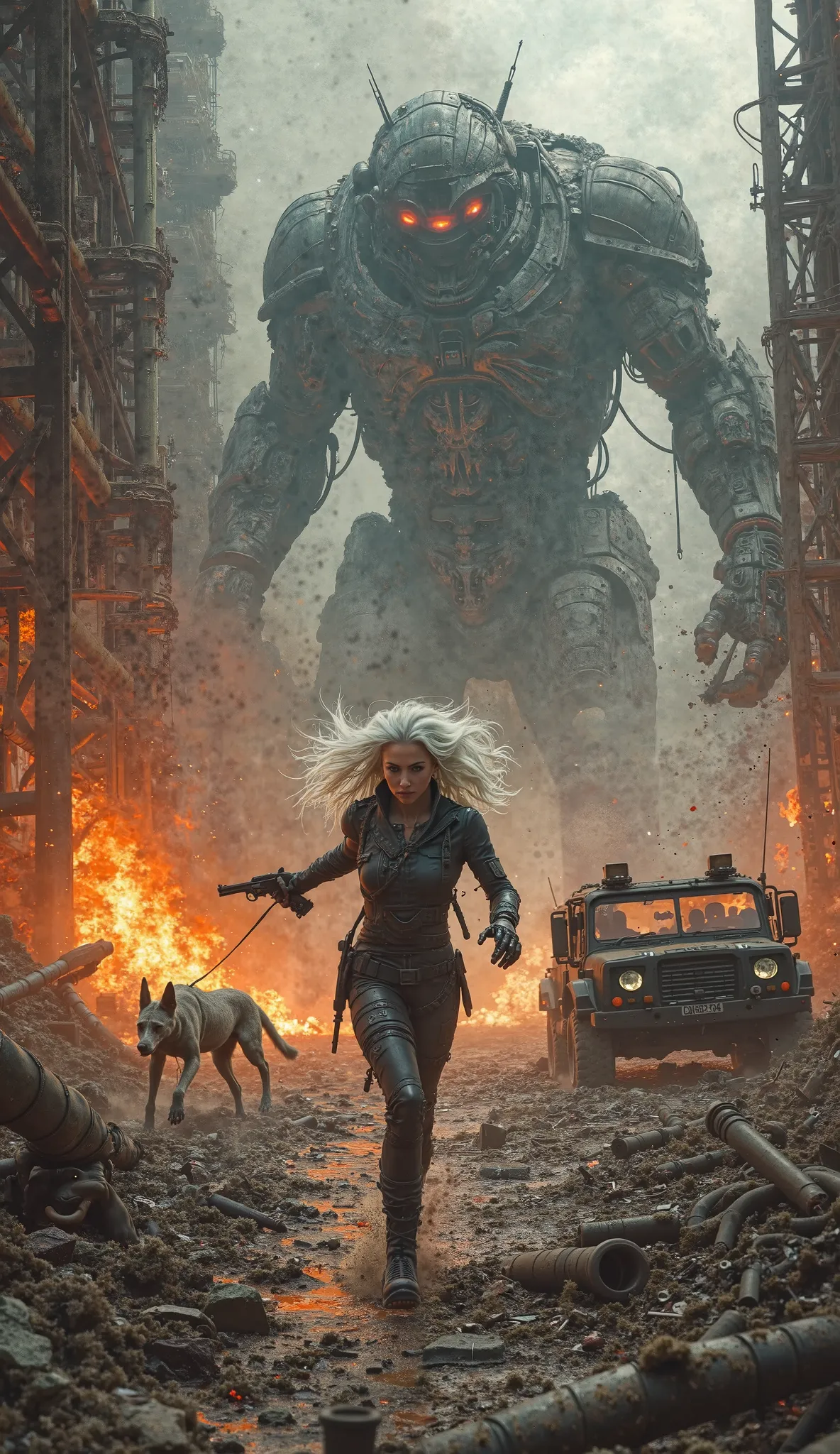 A massive industrial ruin engulfed in fire and smoke, metal beams collapsing as explosions shake the ground. A lone female warrior dashes through the crumbling structure, her white hair flowing wildly, her piercing blue eyes locked onto the exit. Her cyber...