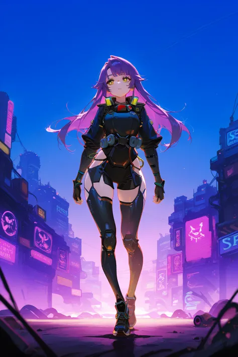 score_9, score_8_up, score_7_up, concept art, masterpiece, high quality, cute, full body, hair purple, long hair, yellow eyes, shorty, wide hip, cyberpunk military clothing