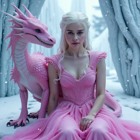 Daenerys Targaryen dressed in pink, She is accompanied by a pink dragon. frozen environment. Ice Throne . Name MIX