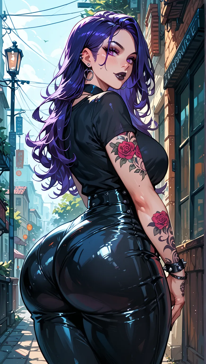 A goth with huge boobs huge ass violet hair violet eyes with tattoos tight pants in a very beautiful nightclub a perfection without errors well detailed