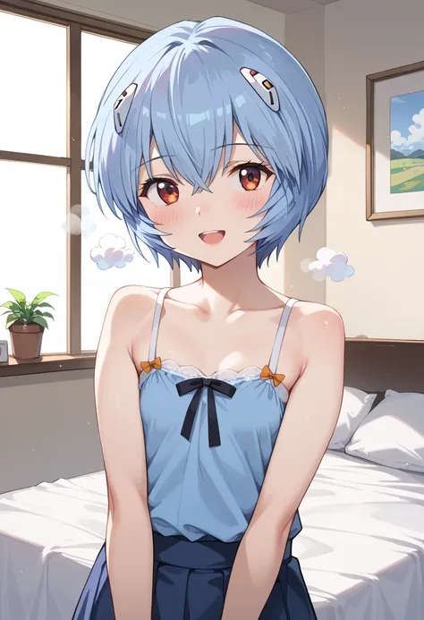 ((Top Quality)), ((masterpiece)), (be familiar with), perfect faces, indoors, bedroom, watching viewers,
One woman, Ayanami Rei,
open mouth, steam clouds drift, blush, smile,
 small tits, flat chest, Young girl,  lori,  ,  girl,
Short Hair, short hair,
 op...