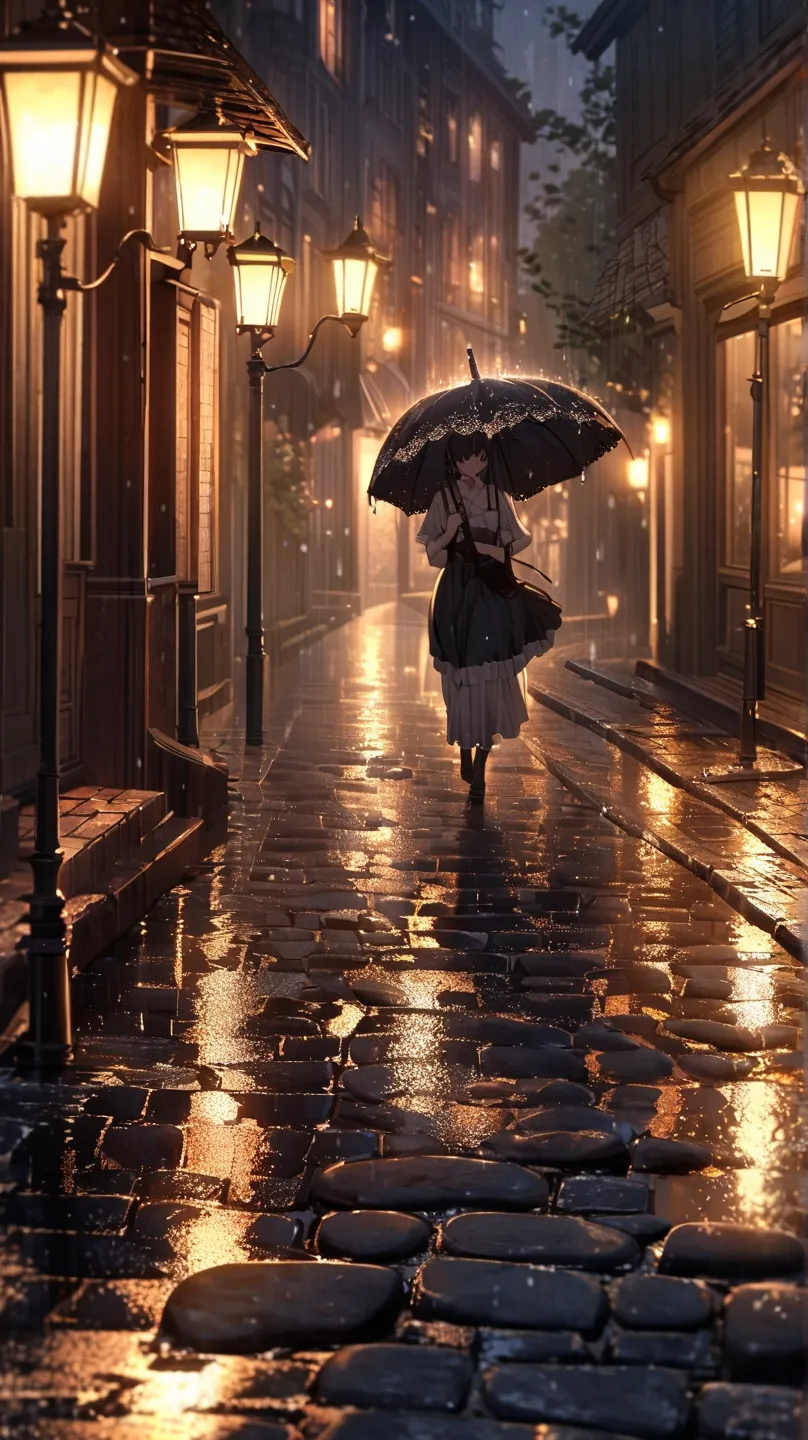 A delicate lace-trimmed umbrella left on a rain-drenched cobblestone street, glistening under the glow of an old-fashioned streetlamp. The soft reflection of the light on the wet stones adds a romantic and mysterious feminine touch to the night scene.