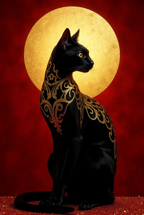 Contemporary luxury interpretation of the classic Le Chat Noir poster featuring a bold geometric black cat silhouette enhanced with art deco inspired golden filigree patterns along its profile set against a rich crimson velvet textured background with a pe...