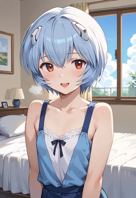 ((Top Quality)), ((masterpiece)), (be familiar with), perfect faces, indoors, bedroom, watching viewers,
One woman, Ayanami Rei,
open mouth, steam clouds drift, blush, smile,
 small tits, flat chest, Young girl,  lori,  ,  girl,
Short Hair, short hair,
 op...