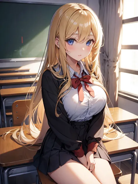  1girl in, Blonde high school girl ,in the classroom、Rich breasts and beautiful breasts、Semi-long hair、