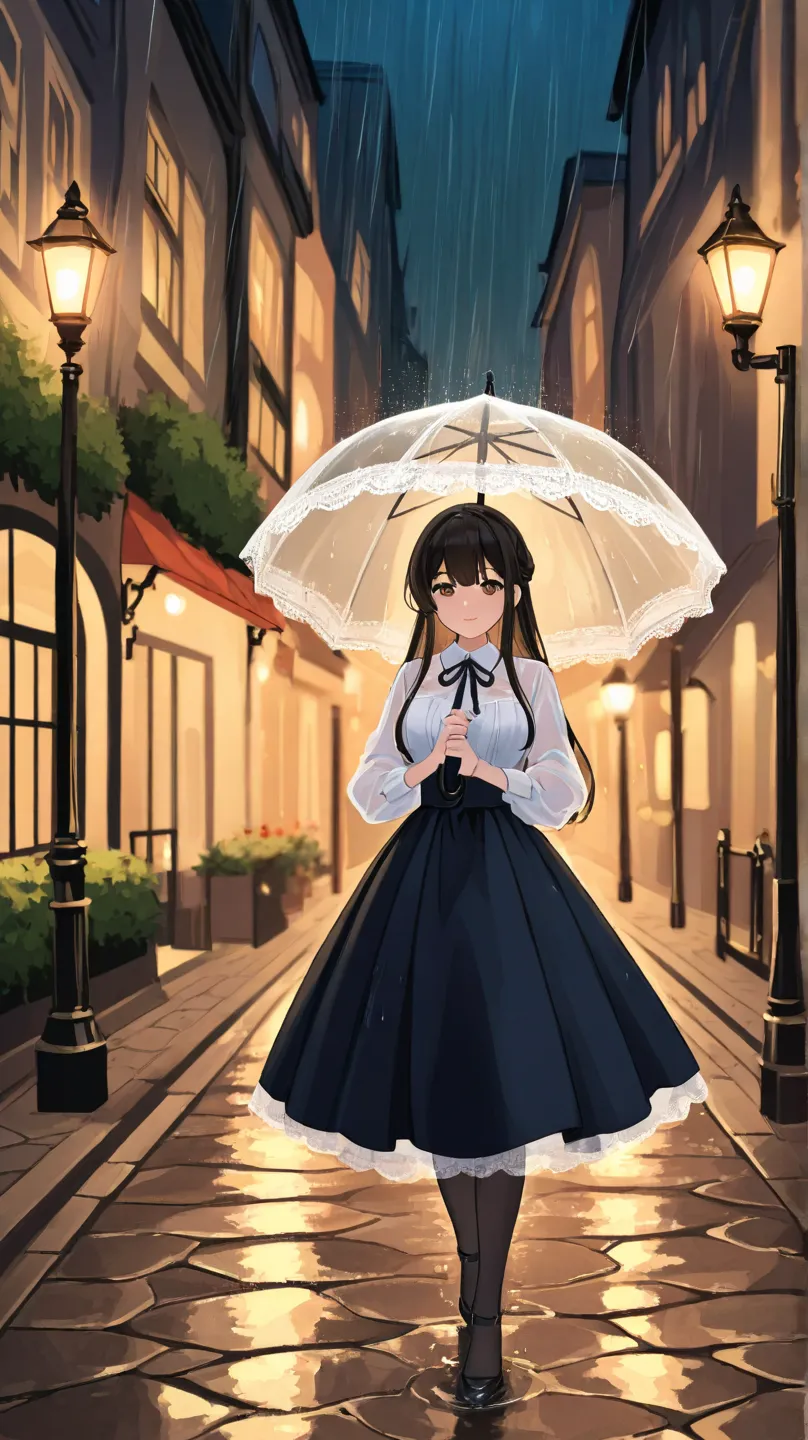 A delicate lace-trimmed umbrella left on a rain-drenched cobblestone street, glistening under the glow of an old-fashioned streetlamp. The soft reflection of the light on the wet stones adds a romantic and mysterious feminine touch to the night scene.