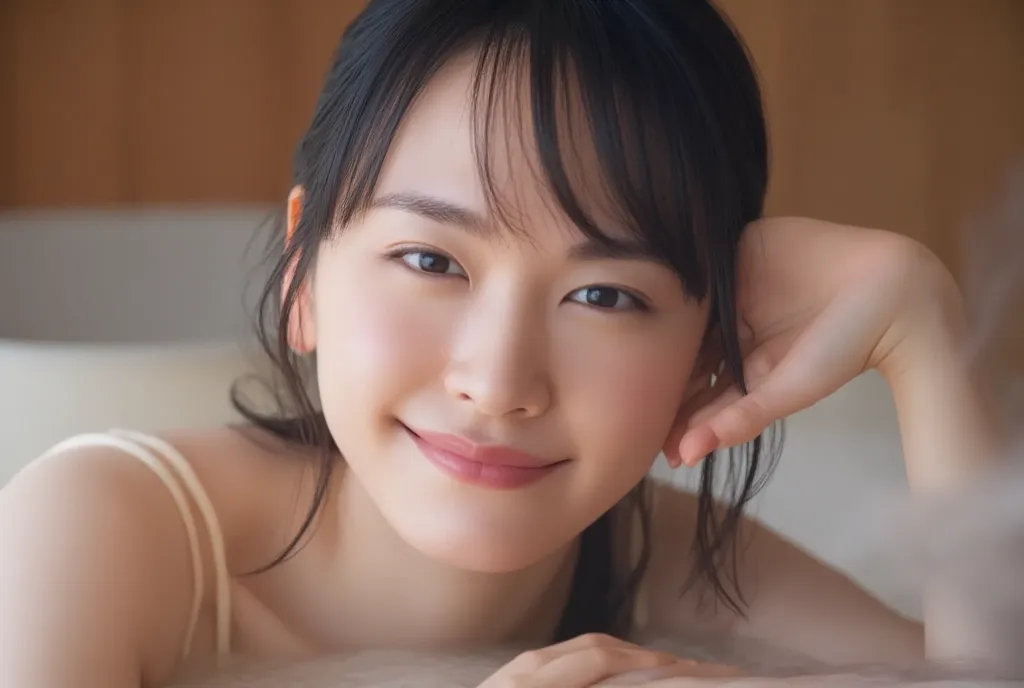 1 girl, Adult Female,Age 30,beautiful face,Japanese,black hair semi-long,Big Breasts,  women play 、relaxing in a traditional Japanese cypress bath。She is soaking her shoulders in warm water。gently close her eyes、has a pleasant and satisfying expression。the...