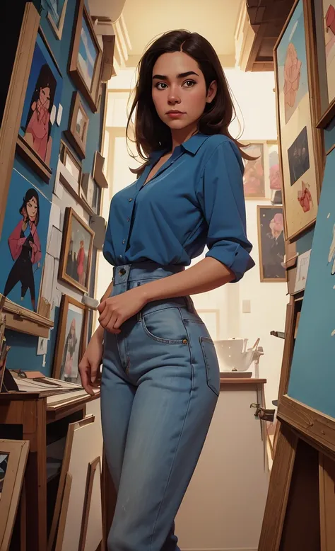 a woman in a blue blouse and jeans posing for a photo, style germ of art, graphic artist germ of art, extremely detailed germ of art, in the style germ of art, germ of art comic, Chris Moore. germ of art, germ of art. high detail, style ivan talavera and g...