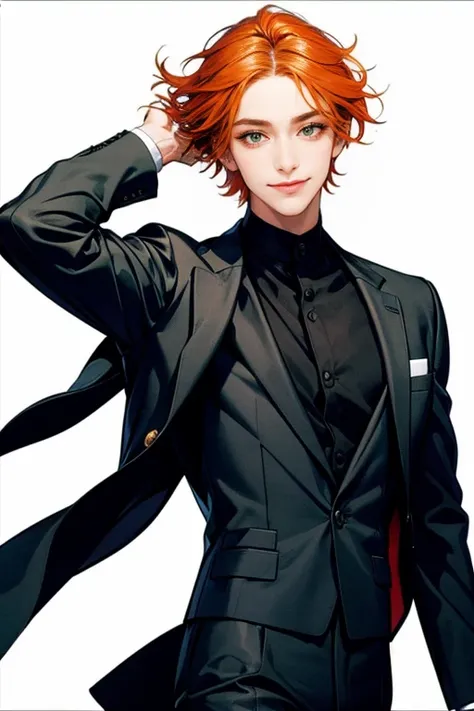  male, Age 27, orange hair,  green eye, Town,looks at one woman, solo, High Resolution, smiles, Top Quality, Black Suit,Devil Wind