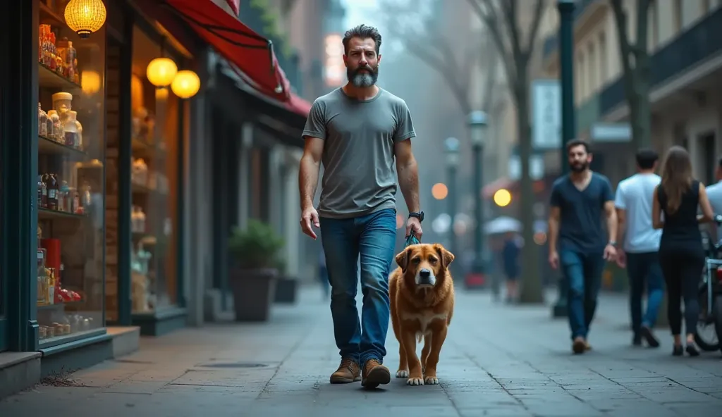 Bearded man, 40s, medium build, wearing a t-shirt, jeans, leather shoes, walking a brown dog to a dog shop. 8K high definition footage.