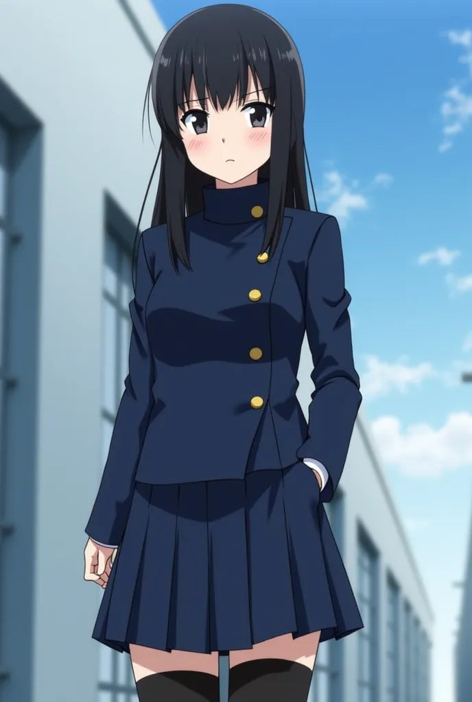 Anime girl long straight black hair with straight bangs elongated dark black eyes dressed in the uniform asymmetric dark blue short jacket with high collar and two swirl buttons on the left side and a dark blue knee-length skirt to match the black stocking...