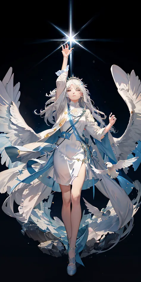 ((Highest quality)), ((masterpiece)), (detailed), From far away flying towards me a white dove bright as a light blue sunbeam, divine revelation, with a shining cross behind the dove ,blue shining background and the gate of heaven ,Divine image ,Divine sty...