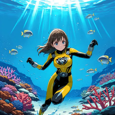 High resolution, Super detailed, Best Quality, masterpiece, 8K, 4K, beautiful background, the best aesthetics, (flat color:0.6), 1girl, female ranger,green sentai costume, tokusatsu hero, underwater patrol, ocean scenery, marine environment, coral reef, fi...