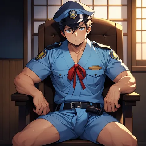 Anime CG,((((super high quality,highest quality)))),Handsome Japanese male police officer wearing extremely transparent boxer shorts made of extremely tattered, very ripped, very wet, and very thin organza material that sticks perfectly to wet skin,(( tatt...