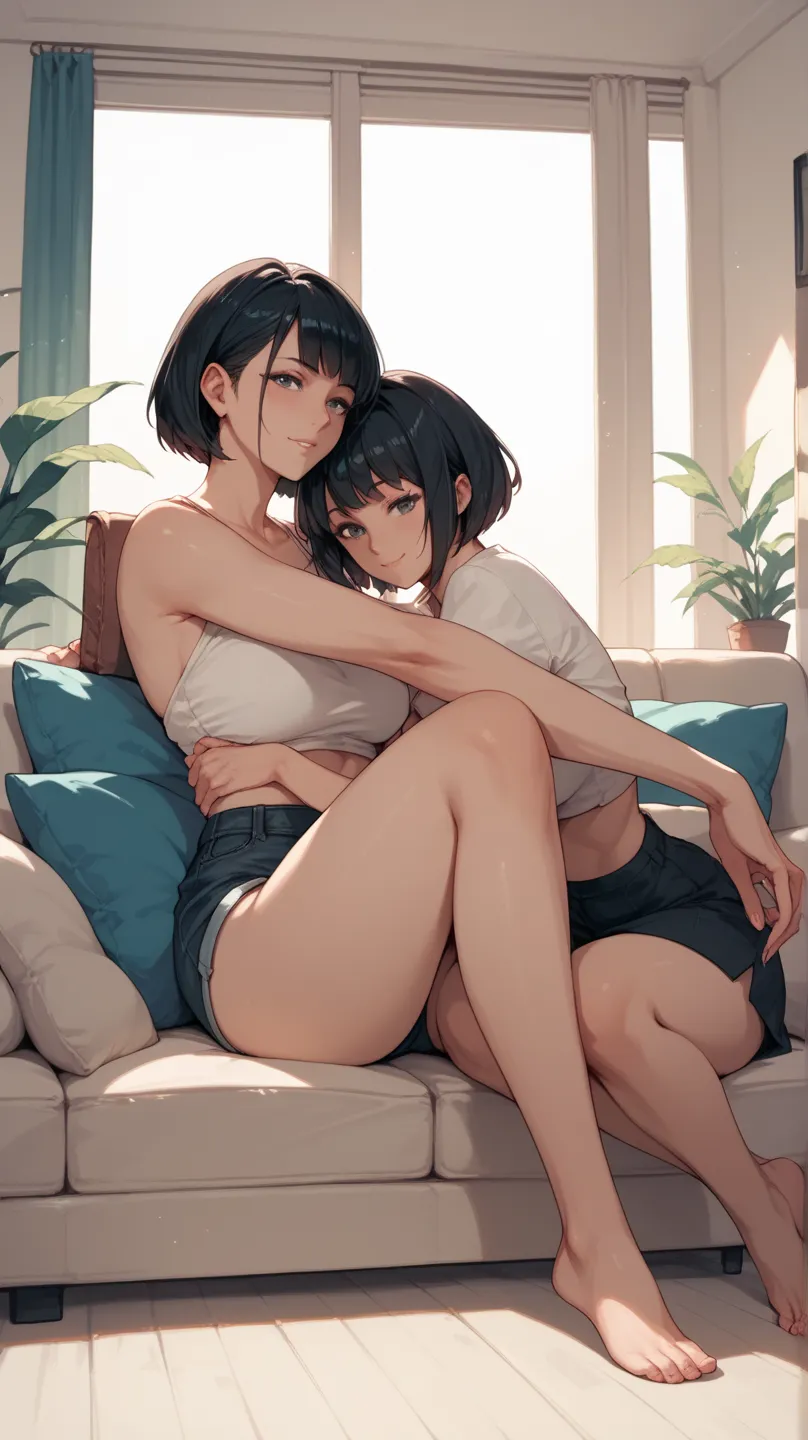 Black hair, bob hair, older sister, sofa, simple room, Japanese manga style