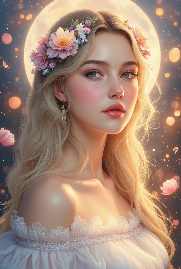 Fantasy portrait, otherworldly princess Beautiful  girl,, golden hour, white rabbit,, flower hair accessories, flowing blonde hair, off-shoulder dress, magical atmosphere, glowing full moon backdrop, soft bokeh, delicate flowers, gentle expression, fairyta...