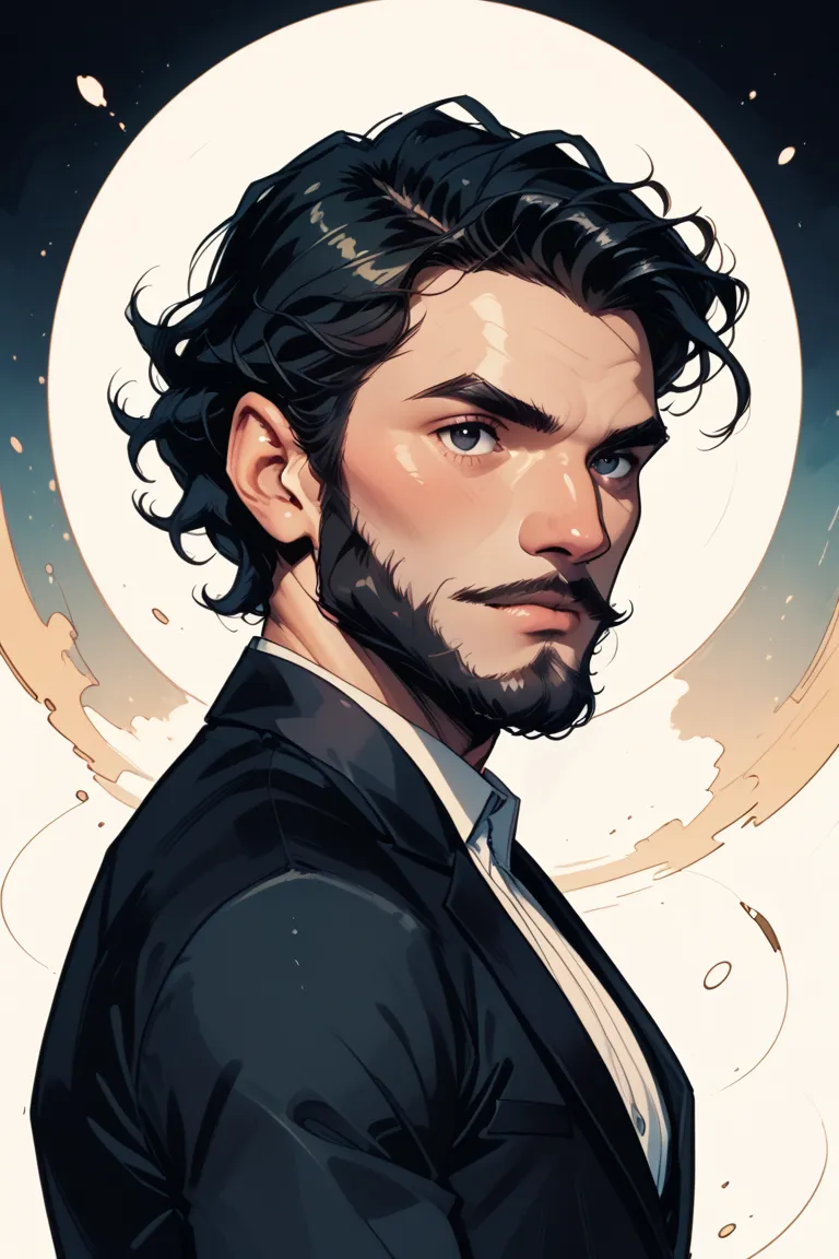 Play a 27-year-old male character with medium-wavy black hair and black eyes, He has an unfinished beard and wears an all-black suit, She has an athletic body .