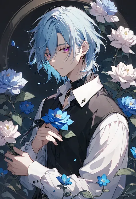 Handsome, solo, 1 male, medium hair, light blue hair, magenta eyes, white shirt, black shirt, blue flower, The Lover