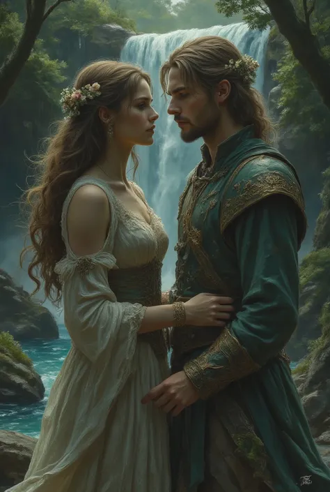 Man woman in love, in a forest with a waterfall,  medieval fantasy 