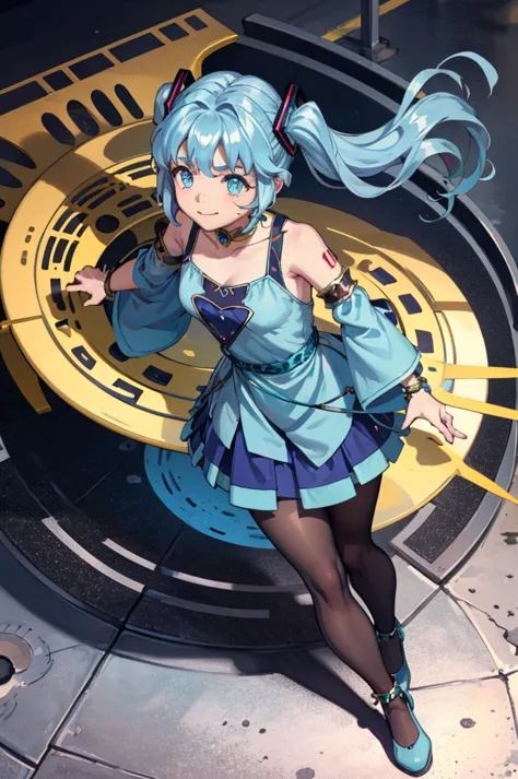 Hatsune Miku style,Smug face,dynamic angle, jewelry,blue dress, bracelet,Armlet,  sleeves are apart , collarbone,  thighs,  (masterpiece, best quality, super detailed, Best Shadow),miniskirt,big goggles on the head,pantyhose,full body