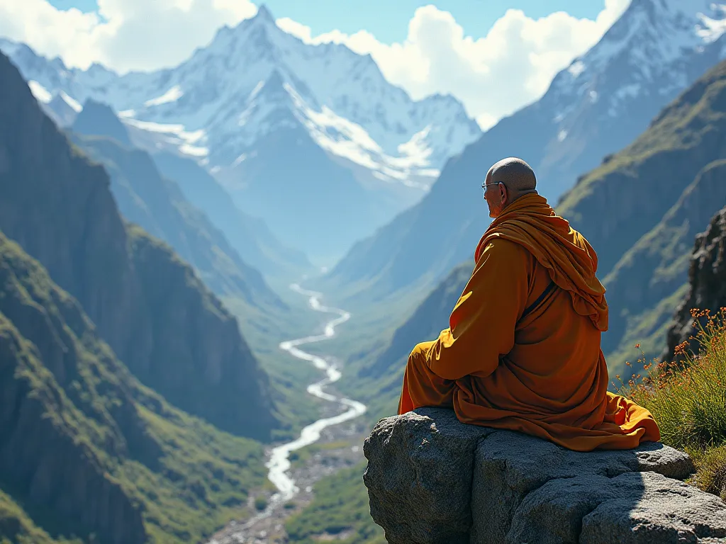 Old citizen monk observing the deep valley from a rocky viewpoint. Tibetan Mountains. Digital art.