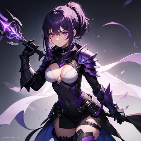 1girl, side swept short ponytail, purple hair, cloaked, black assassin armor, dagger, epic, medium breasts, glowing purple eyes, empty stare, masterpiece. 