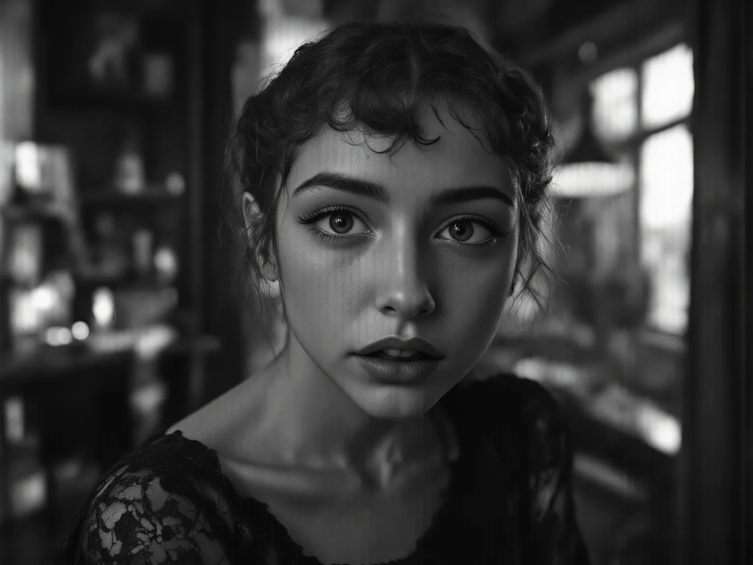 8k, Masterpiece, Top Quality, Close-up, slightly low-angle, A cinematic 1930s style black and white photo of 1930s young  girl age15, gorgeous face, petite, slim and skinny body, black revealing lace dress, cinematic hollywood lighting, black and white. Mo...