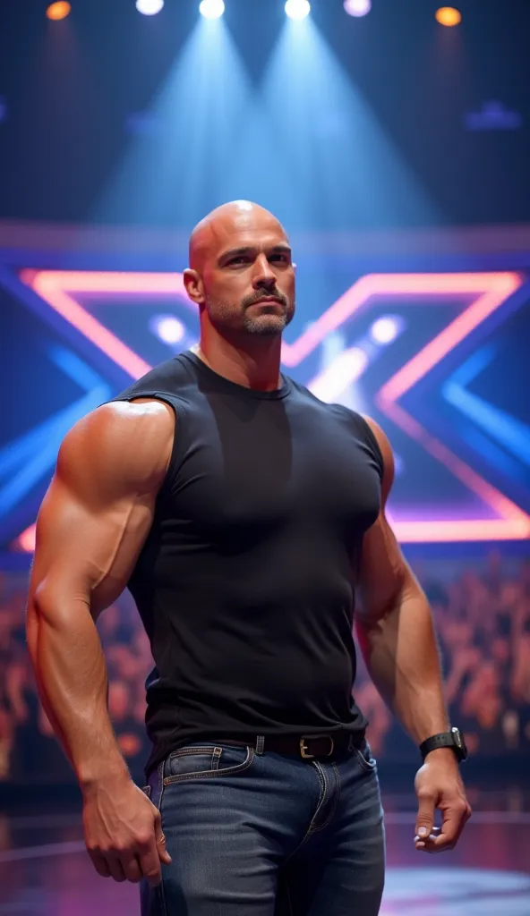 A bald, muscular man with a powerful physique standing confidently on the America's Got Talent stage. He is wearing a fitted sleeveless shirt and jeans or performance attire, with bright spotlights illuminating him. The iconic America's Got Talent stage is...