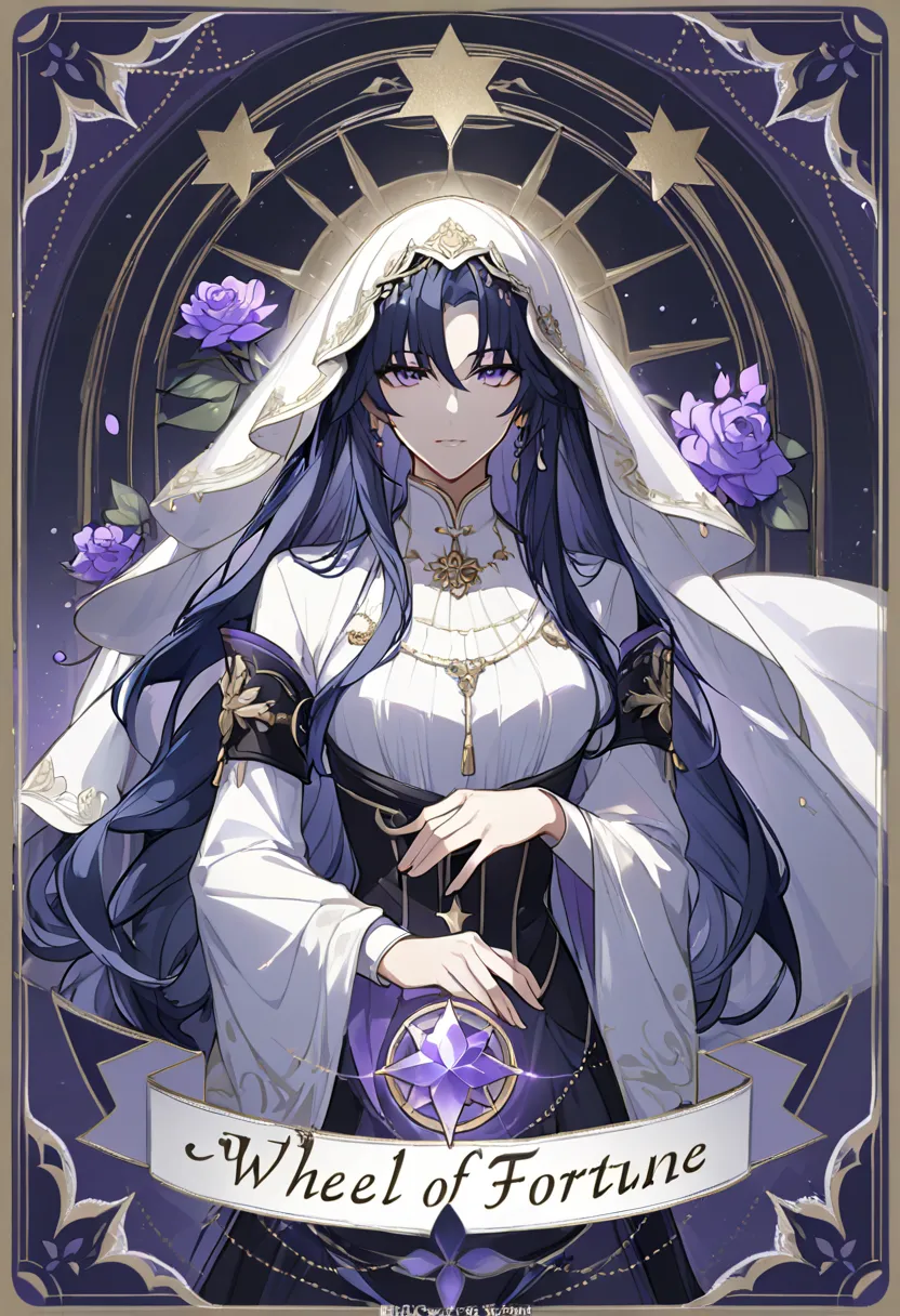 Handsome, solo, 1 female, long hair, dark blue hair, light purple eyes, white veil, tarot, Wheel of Fortune