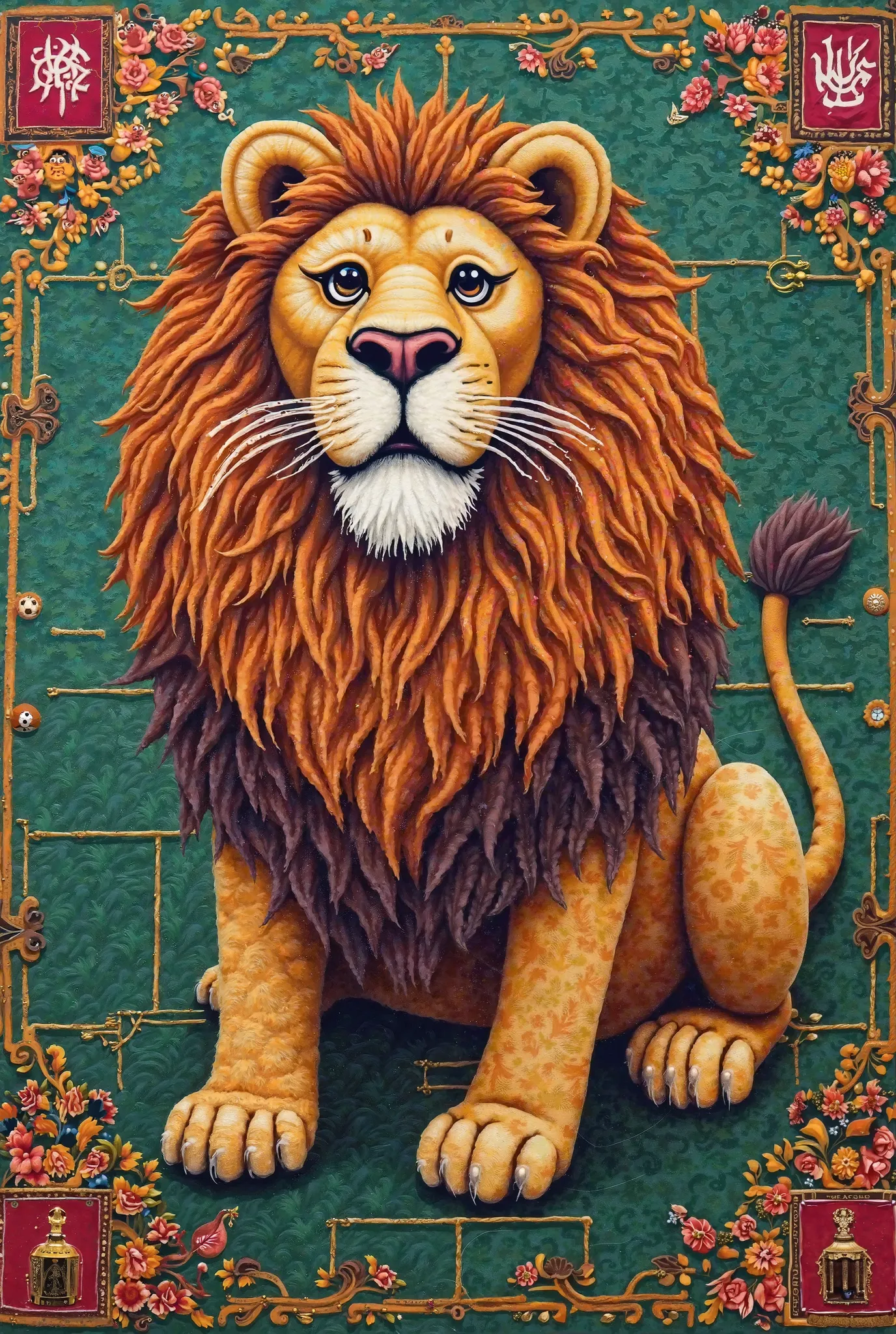 World Cup football field in the form of a rug embroidered in the Rabat pattern, Ashraf Hakimi sits on a lion, holding the,  Hair accessories , detailed detail, High-resolution image, realistic oil painting, Studio lighting, Control the color scheme, girl, ...