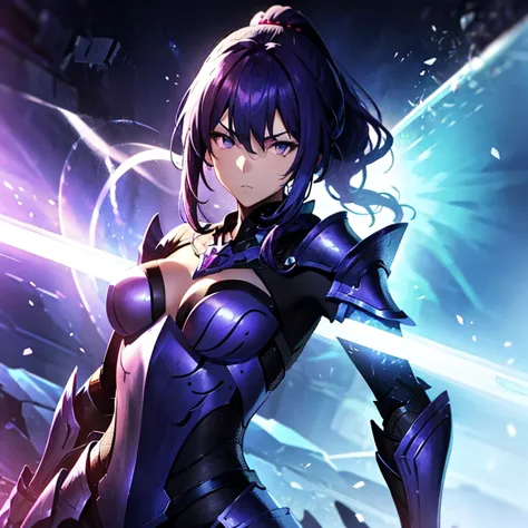 1girl, side swept short ponytail, purple hair, cloaked, black assassin armor, dagger, epic, medium breasts, glowing purple eyes, empty stare, masterpiece. 