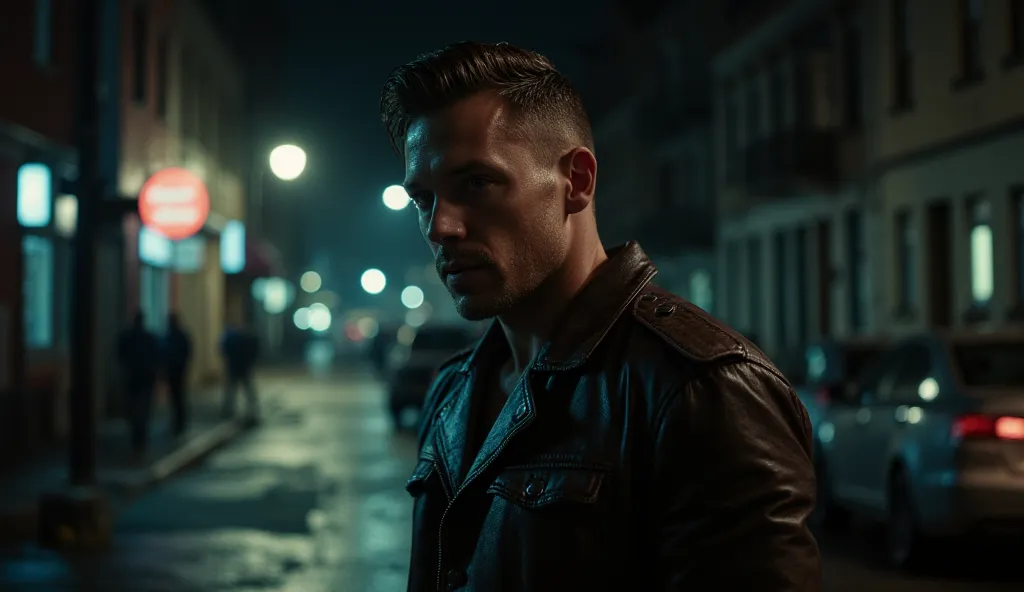 Prompt: Tom Hardy stands in a dimly lit alley, wearing a rugged leather jacket. The camera starts with a low-angle shot, slowly pushing in as rain drips from his hair. His expression is cold and determined, his sharp jawline highlighted by the flickering n...