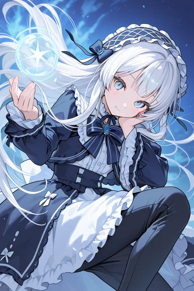 You have a character with short white hair and who is a white doll with blue eyes and blue lolita goth style clothing with black pants 