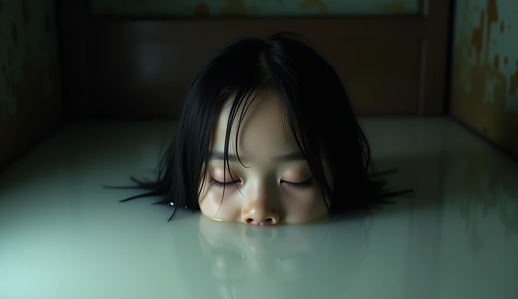 A low angle shot of a girl partially submerged in a viscous , Let the girl's eyes be closed, with a haunting and surreal atmosphere, soft light reflecting on the liquid surface, during a dimly lit indoor scene, shot with a Sony A7R IV, 50mm f/1.4 lens, mut...